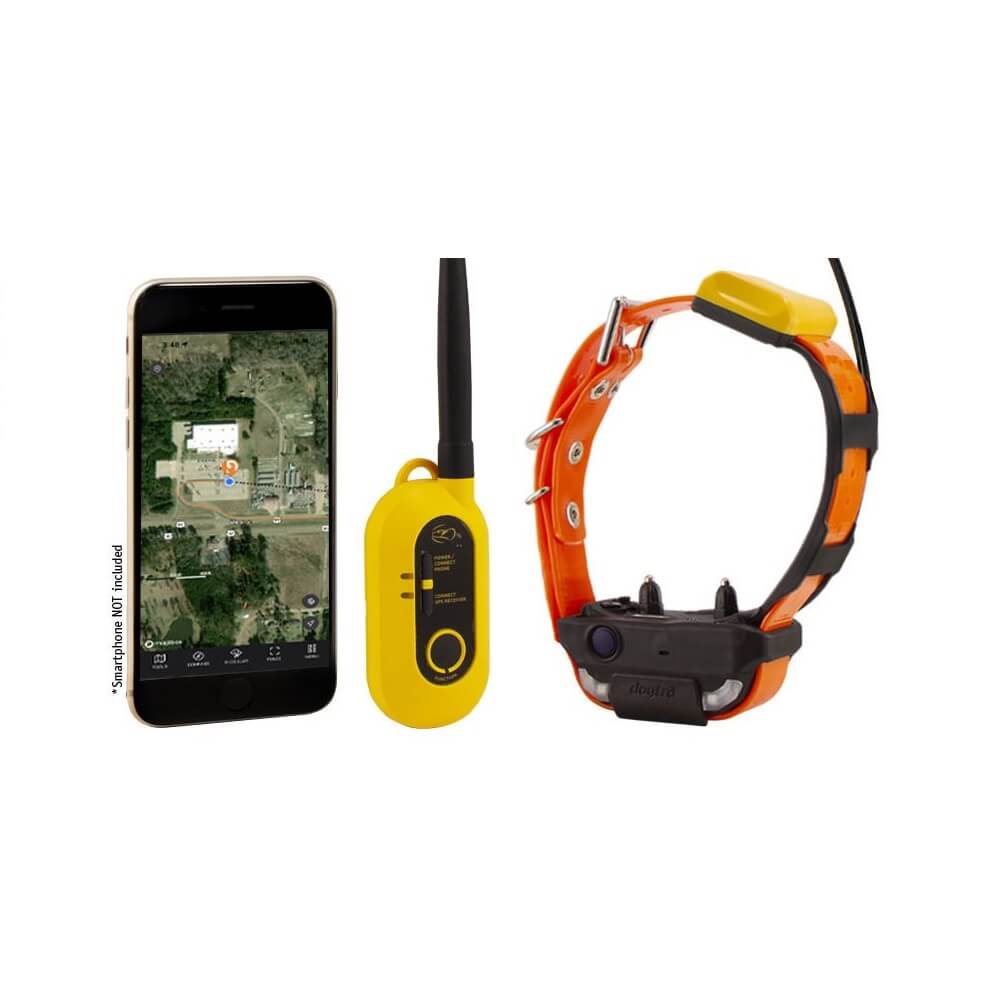 Dogtra Pathfinder 2 с каишка, конектор и илюстративен смартфон.