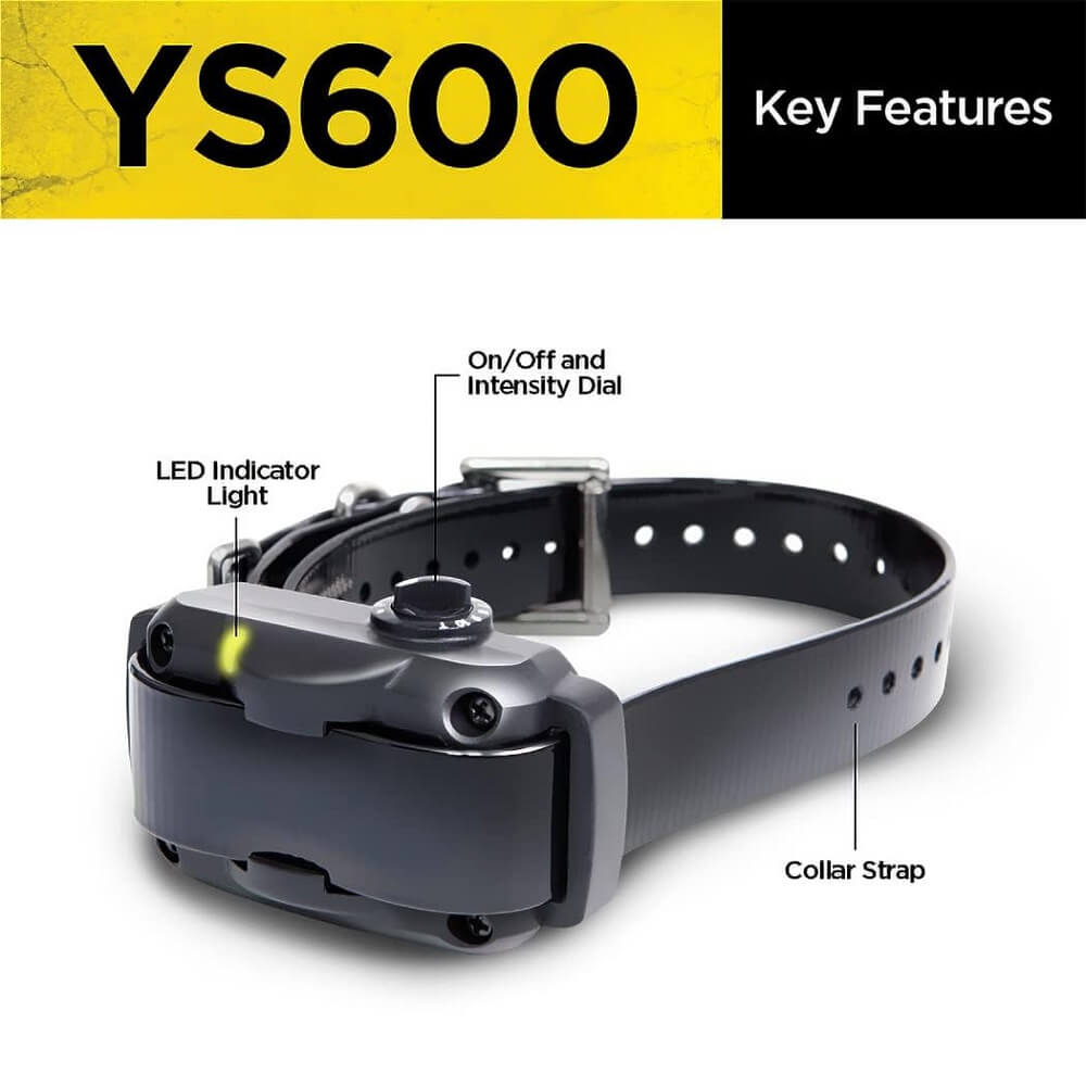 Схема на Dogtra YS600 с означени регулатор, индикатор и ремък.