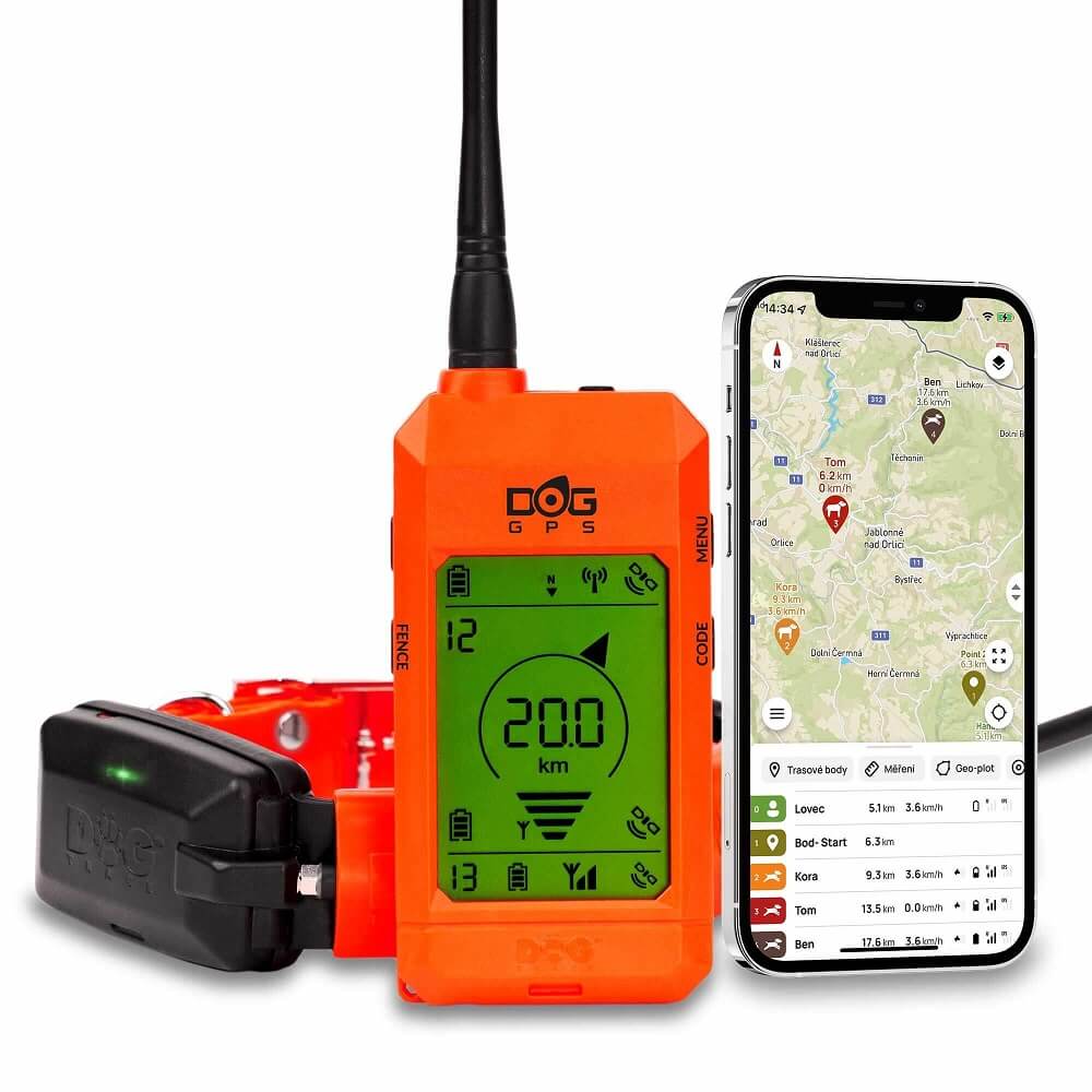 Dogtrace X30 с приемник, каишка и илюстративна карта на смартфон.