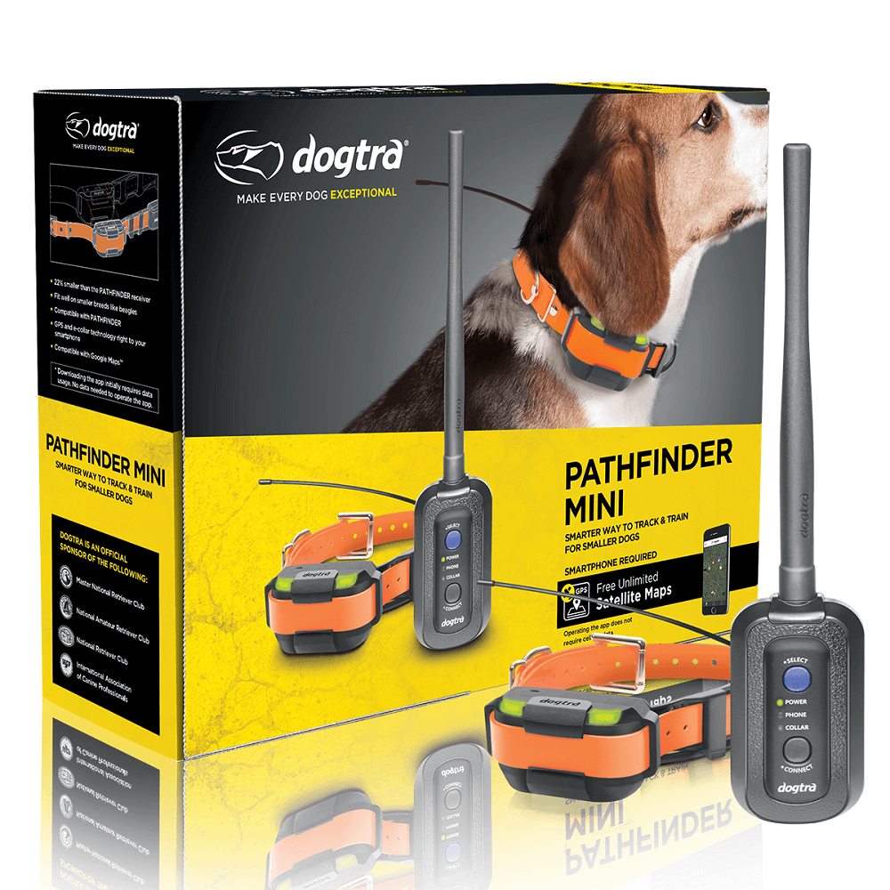 Dogtra Pathfinder Mini с каишка и конектор пред продуктовата опаковка.